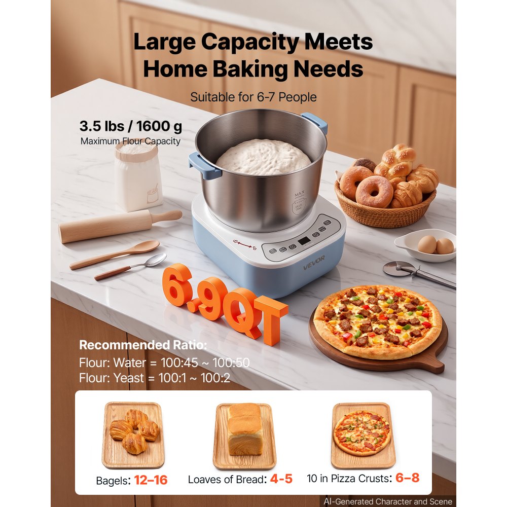 VEVOR Dough Mixer 6.9 Quart Electric Dough Maker with Ferment Function, for Pizza, Pasta, and Sourdough, 304 Stainless Steel Bowl, Timer, Face-up Control Panel, Household Dough Kneading Machine