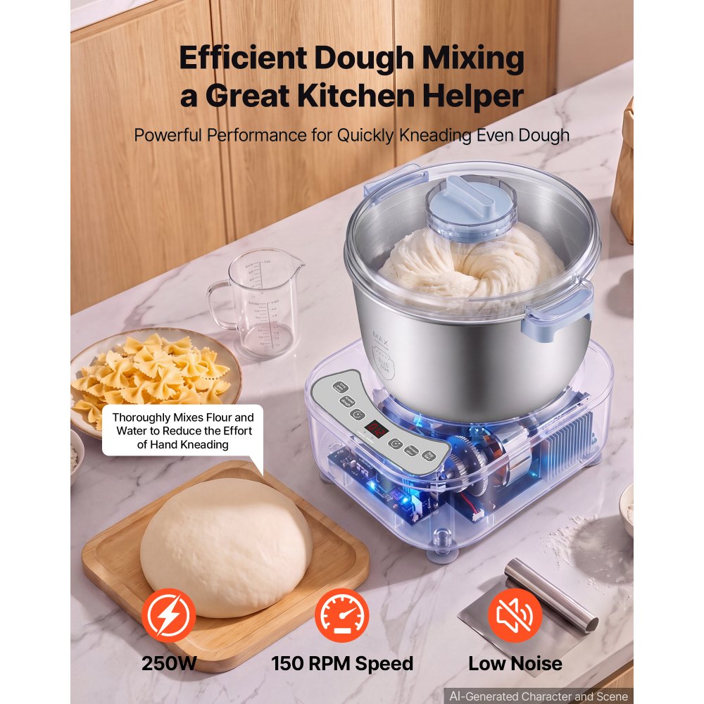 VEVOR Dough Mixer 6.9 Quart Electric Dough Maker with Ferment Function, for Pizza, Pasta, and Sourdough, 304 Stainless Steel Bowl, Timer, Face-up Control Panel, Household Dough Kneading Machine