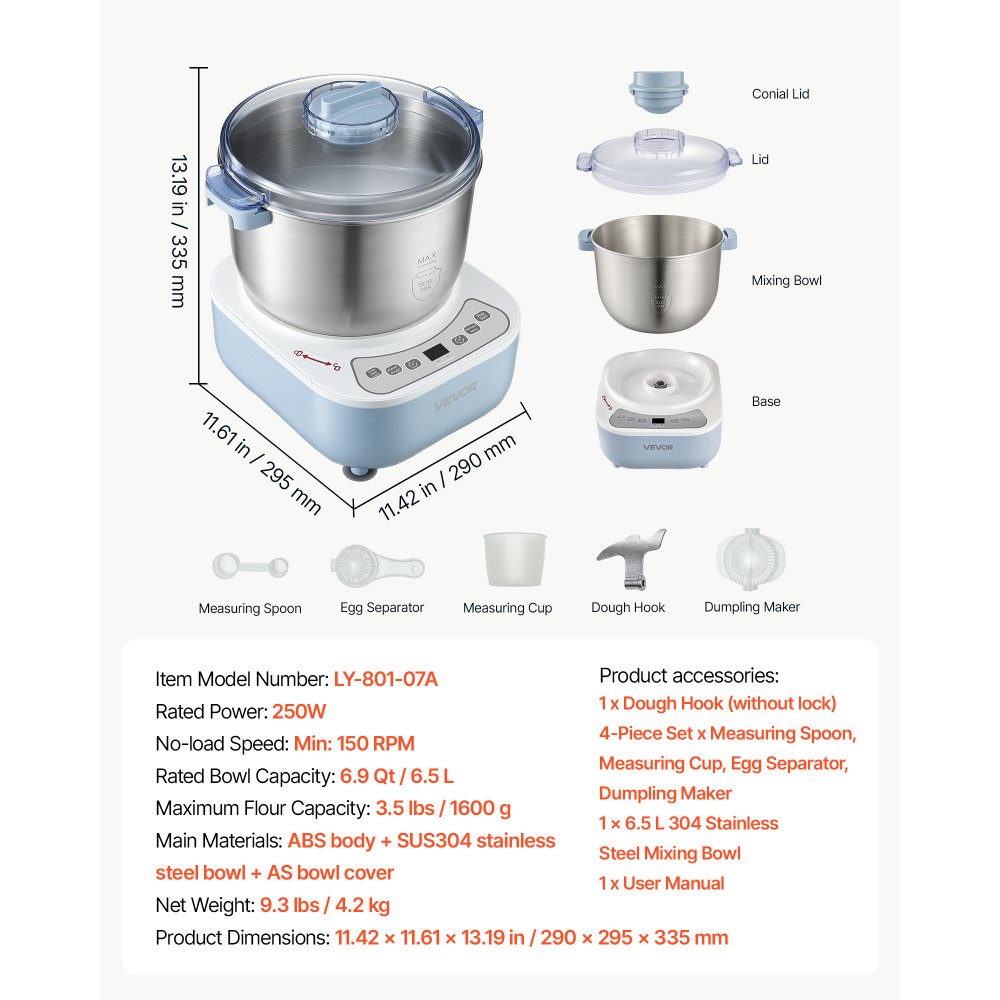 VEVOR Dough Mixer 6.9 Quart Electric Dough Maker with Ferment Function, for Pizza, Pasta, and Sourdough, 304 Stainless Steel Bowl, Timer, Face-up Control Panel, Household Dough Kneading Machine