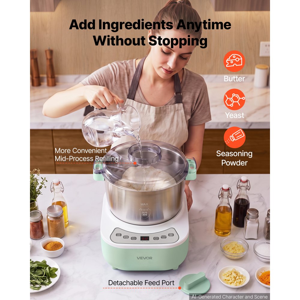 VEVOR Dough Mixer 6.9 Quart Electric Dough Maker with Ferment Function, for Pizza, Pasta, and Sourdough, 304 Stainless Steel Bowl, Timer, Face-up Control Panel, Household Dough Kneading Machine