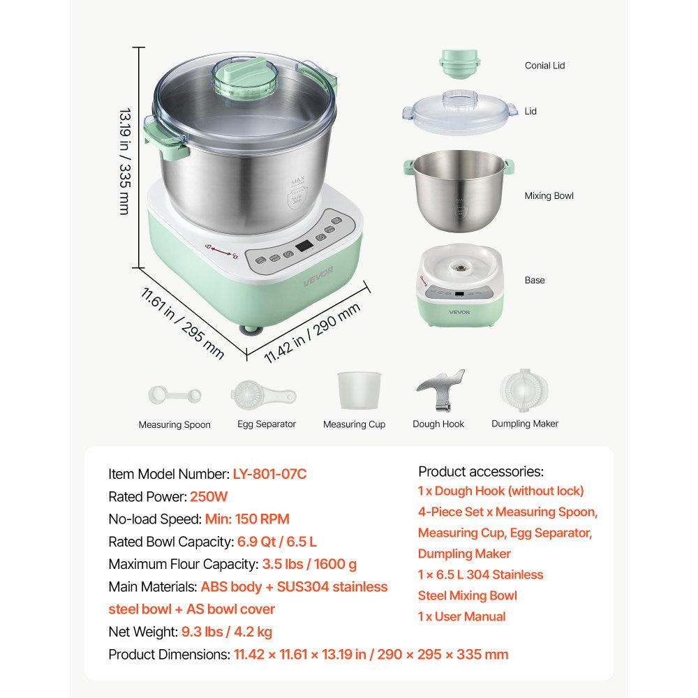 VEVOR Dough Mixer 6.9 Quart Electric Dough Maker with Ferment Function, for Pizza, Pasta, and Sourdough, 304 Stainless Steel Bowl, Timer, Face-up Control Panel, Household Dough Kneading Machine
