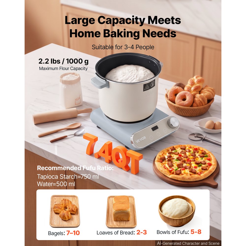 VEVOR Dough Mixer 7.4 Quart Electric Dough Maker with Ferment Function, for Pizza, Pasta, Sourdough and Fufu, Nonstick Aluminum Pot, Timer, Face-up Control Panel, Household Dough Kneading Machine