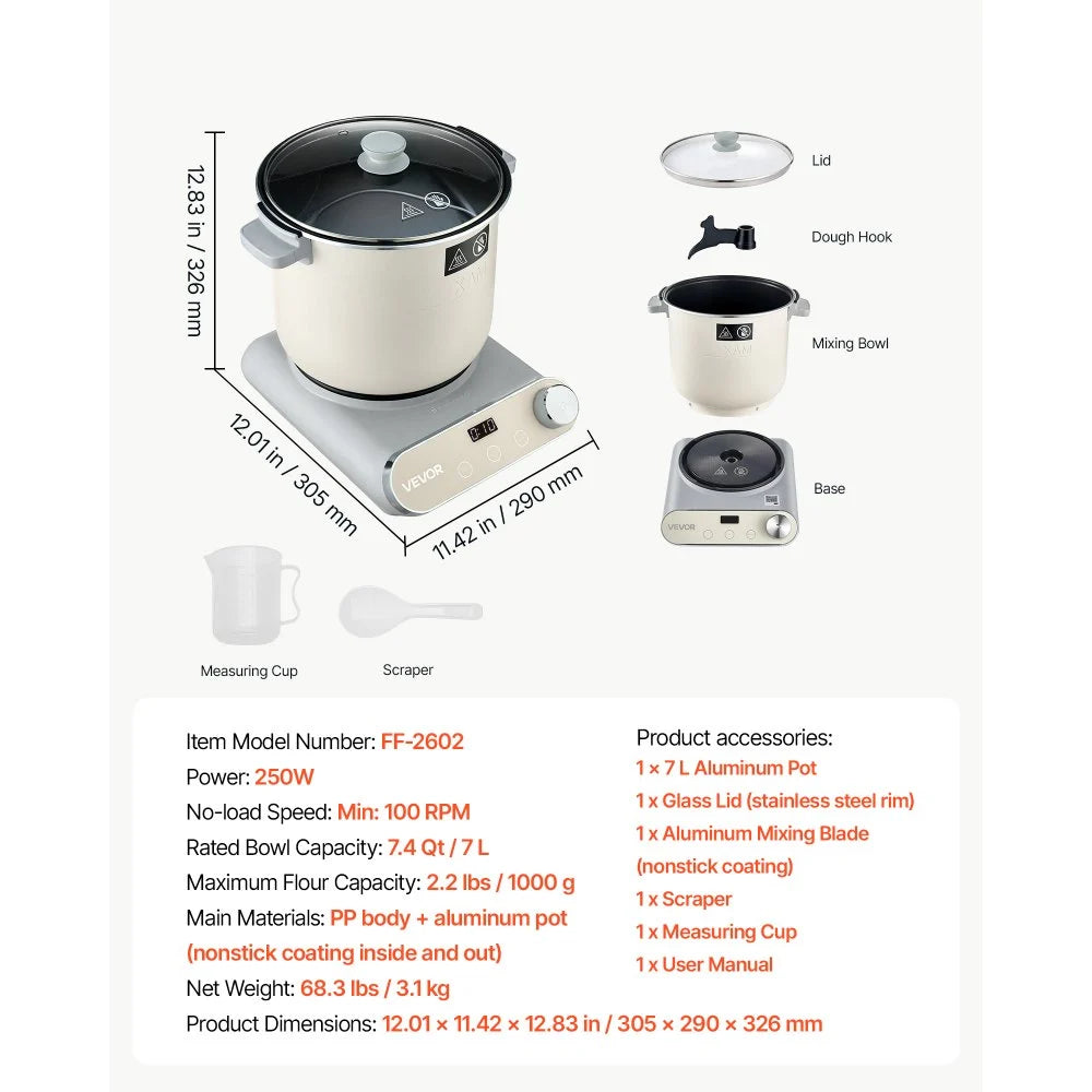 VEVOR Dough Mixer 7.4 Quart Electric Dough Maker with Ferment Function, for Pizza, Pasta, Sourdough and Fufu, Nonstick Aluminum Pot, Timer, Face-up Control Panel, Household Dough Kneading Machine