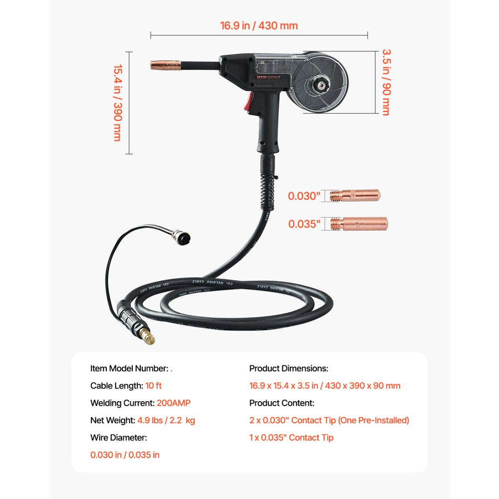 VEVOR 200Amp Spool Gun with 10FT Cable, Compatible with W Weldpro MlG200GDsv200 and MIG155GD Welders, Suitable for 0.030" and 0.035" Flux Core/Solid/Aluminum Welding Wires