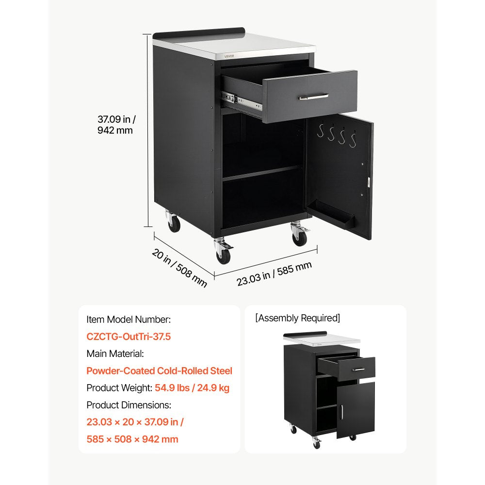VEVOR Outdoor Prep Cabinet, 20"W x 37"H x 23"D, 304 Stainless Steel Worktop, for BBQ Island Storage, Patio Bars and Grill Station with Handle, Built-In BBQ Island Drawers Organize Cookware Accessories