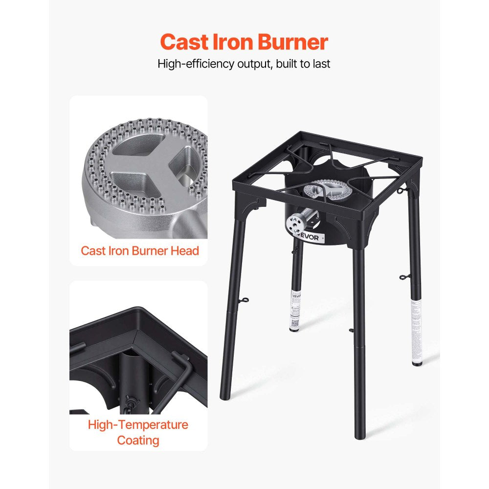 VEVOR Single Burner Outdoor Propane Gas Stove, 100,000 BTU Propane LPG Gas Camping Stove, Heavy Duty Carbon Steel Outdoor Cooker, with Tall Stand & PSI Regulator, for BBQ Camp Home Patio RV Cooking