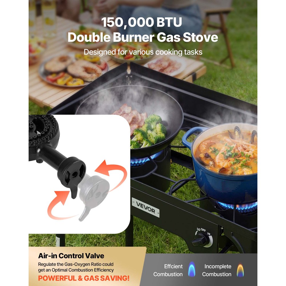 VEVOR 2 Burner Outdoor Propane Gas Stove, 150,000 BTU Propane LPG Gas Camping Stove, Heavy Duty Carbon Steel Outdoor Cooker, with Shield & Tall Stand & PSI Regulator, for BBQ Camp Home Patio Backyard