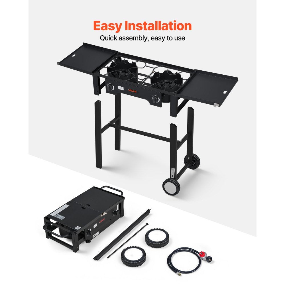 VEVOR 2 Burner Outdoor Propane Gas Stove, 150,000 BTU Propane LPG Gas Camping Stove, Foldable Heavy-duty Carbon Steel Outdoor Cooker, with Wheels & Shield & 20 PSI Regulator, for BBQ Camp Home Patio