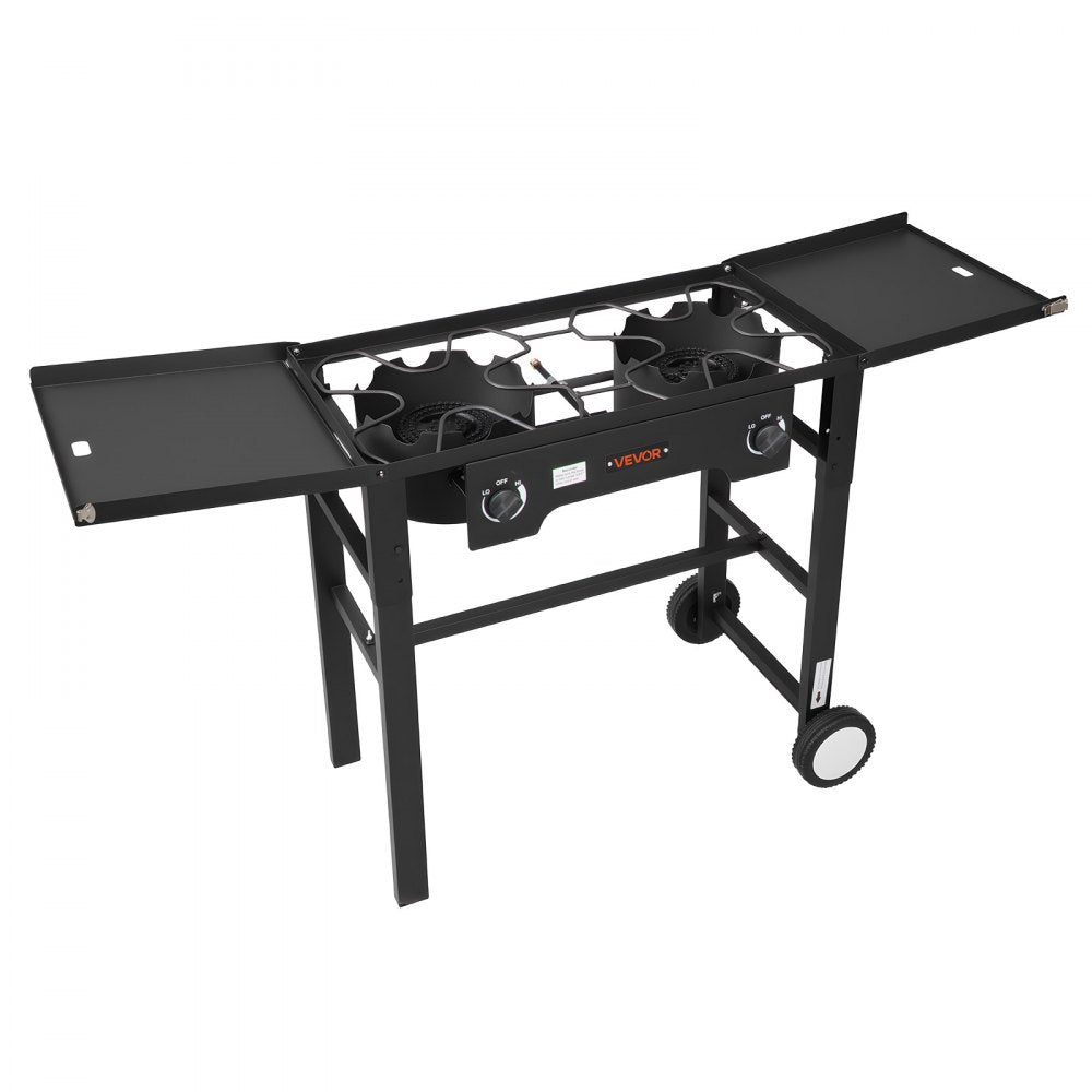 VEVOR 2 Burner Outdoor Propane Gas Stove, 150,000 BTU Propane LPG Gas Camping Stove, Foldable Heavy-duty Carbon Steel Outdoor Cooker, with Wheels & Shield & 20 PSI Regulator, for BBQ Camp Home Patio