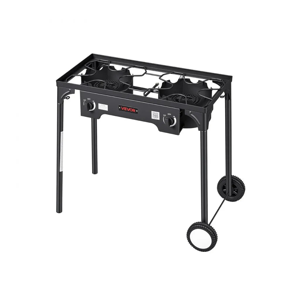 VEVOR 2 Burner Outdoor Propane Gas Stove, 150,000 BTU Propane LPG Gas Camping Stove, Heavy-duty Carbon Steel Outdoor Cooker, with 2 Wheels & 20 PSI Regulator & Hose, for BBQ Camp Home Patio Backyard