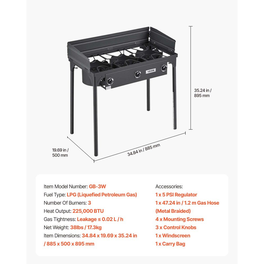 VEVOR 3 Burner Outdoor Propane Gas Stove, 225,000 BTU Propane LPG Gas Camping Stove, Heavy-duty Carbon Steel Outdoor Cooker, with Shield & Tall Stand & Regulator, for BBQ Camp Home Patio Backyard
