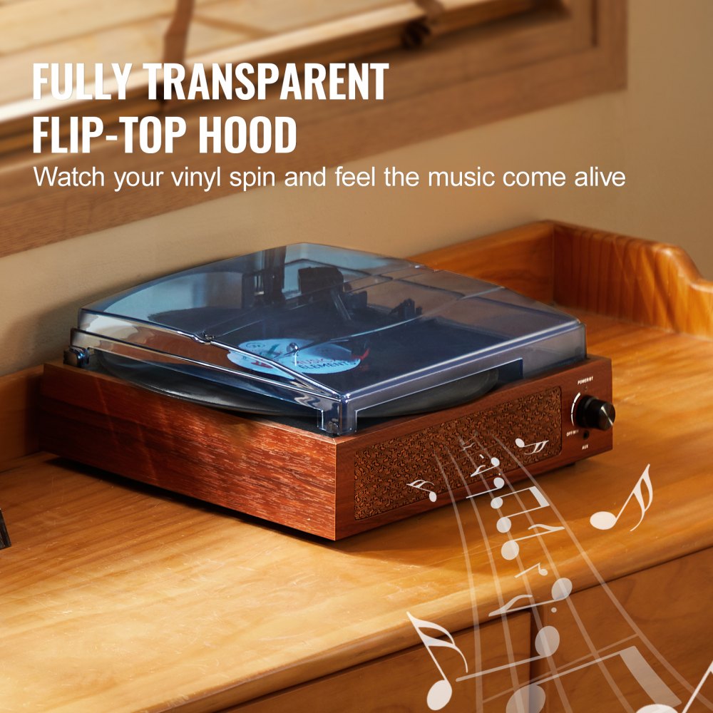VEVOR Vinyl Record Player, 3-Speed, Belt Driven Turntable Player with Built-in 5W Stereo Speakers Magnetic Cartridge, Support 33/45/78 RPM Bluetooth Aux in RCA Output, for 7/10 /12 in Vinyl Records