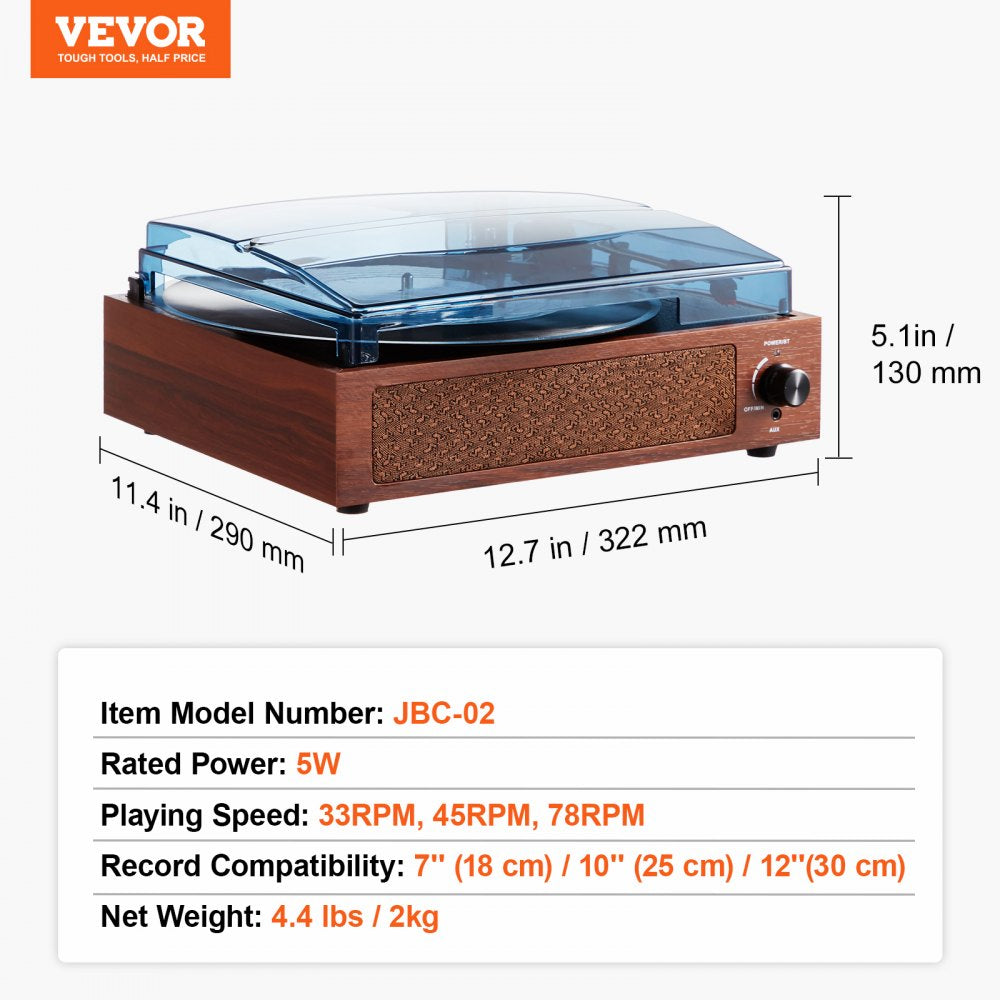 VEVOR Vinyl Record Player, 3-Speed, Belt Driven Turntable Player with Built-in 5W Stereo Speakers Magnetic Cartridge, Support 33/45/78 RPM Bluetooth Aux in RCA Output, for 7/10 /12 in Vinyl Records