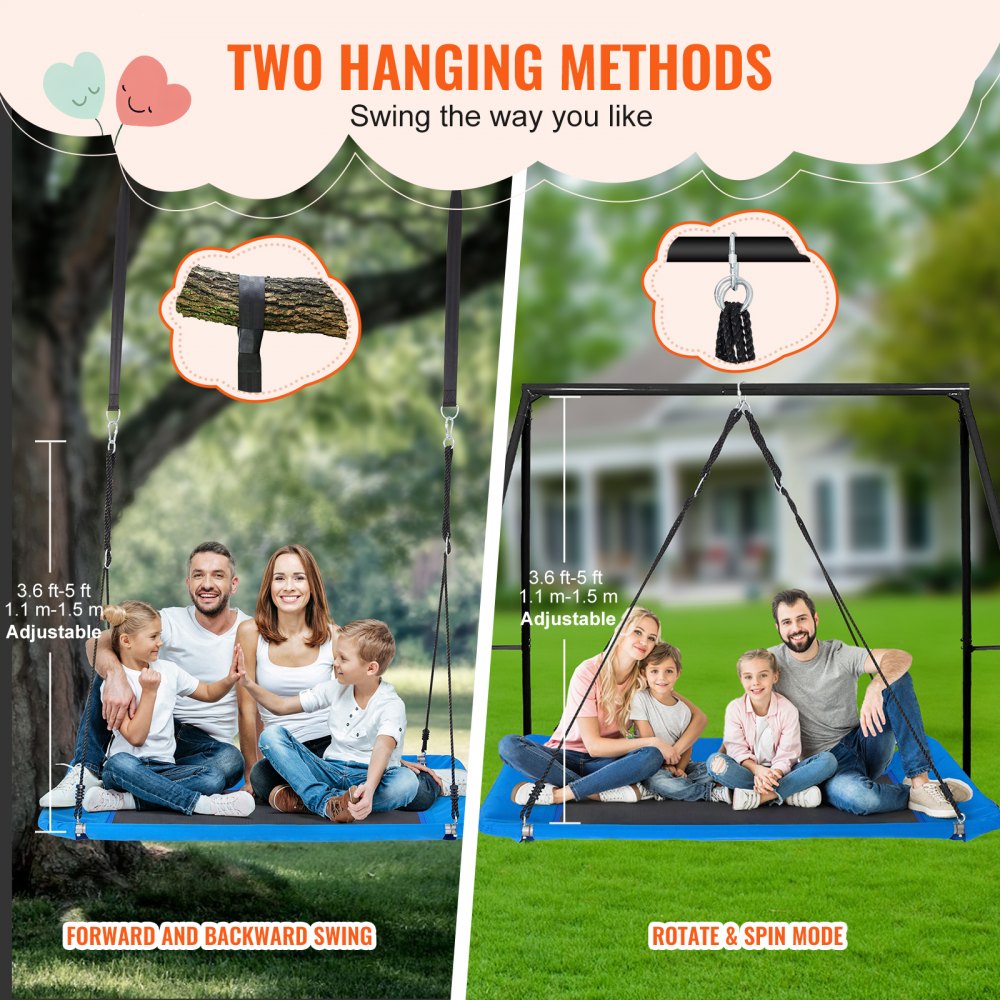VEVOR Platform Swing, 60 Inch Platform Tree Swing for Kids and Adults, 700lbs Weight Capacity Outdoor Swing, 900D Oxford Fabric Swing Seat with 2 Tree Hanging Straps and Adjustable Multi-Strand Ropes