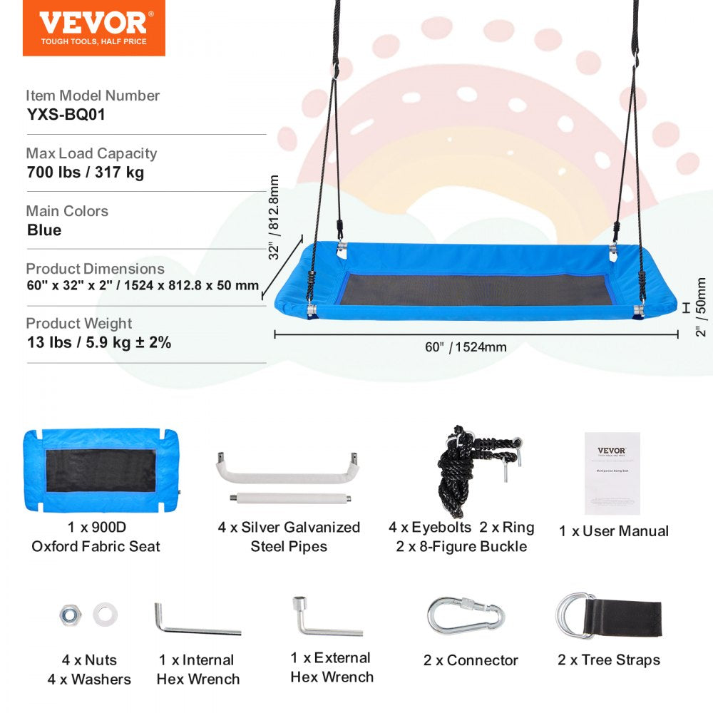 VEVOR Platform Swing, 60 Inch Platform Tree Swing for Kids and Adults, 700lbs Weight Capacity Outdoor Swing, 900D Oxford Fabric Swing Seat with 2 Tree Hanging Straps and Adjustable Multi-Strand Ropes
