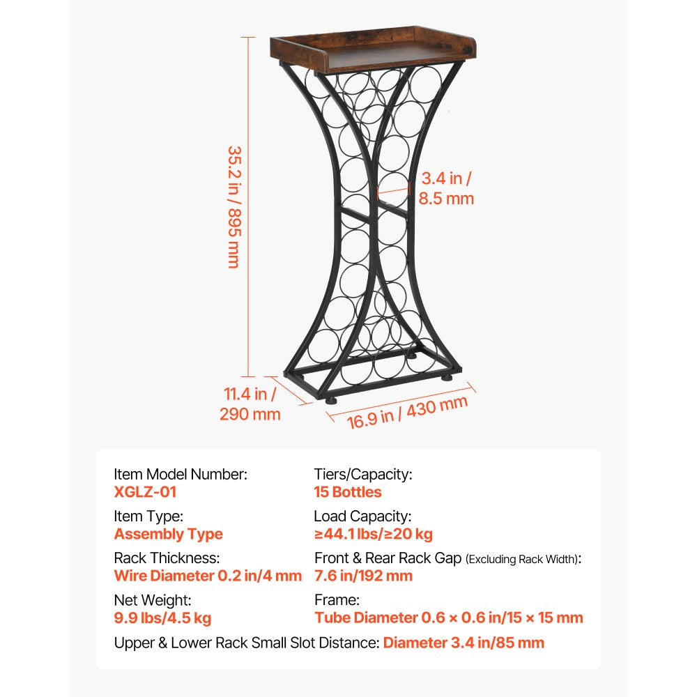 VEVOR 15 Bottle Wine Rack, Freestanding Floor Wine Holder Stand Liquor Cabinet with Wood Tabletop, Easy Assembly Floor Storage Rack, For Home Bar Kitchen Living Room Dining Room, Black