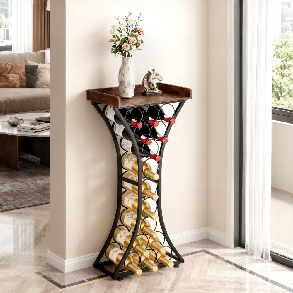VEVOR 15 Bottle Wine Rack, Freestanding Floor Wine Holder Stand Liquor Cabinet with Wood Tabletop, Easy Assembly Floor Storage Rack, For Home Bar Kitchen Living Room Dining Room, Black