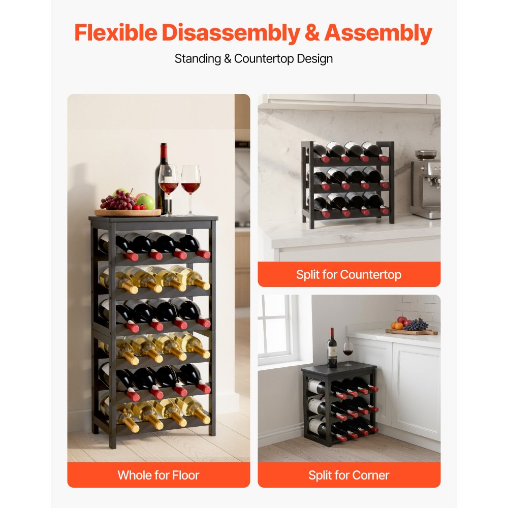 VEVOR 24 Bottle Detachable Wine Rack, 6-Tier Wine Bottle Holder, Freestanding Floor Display Wine Storage Shelves with Table Top, For Kitchen,Cellar,Bar,Dining Room,Living Room, Black