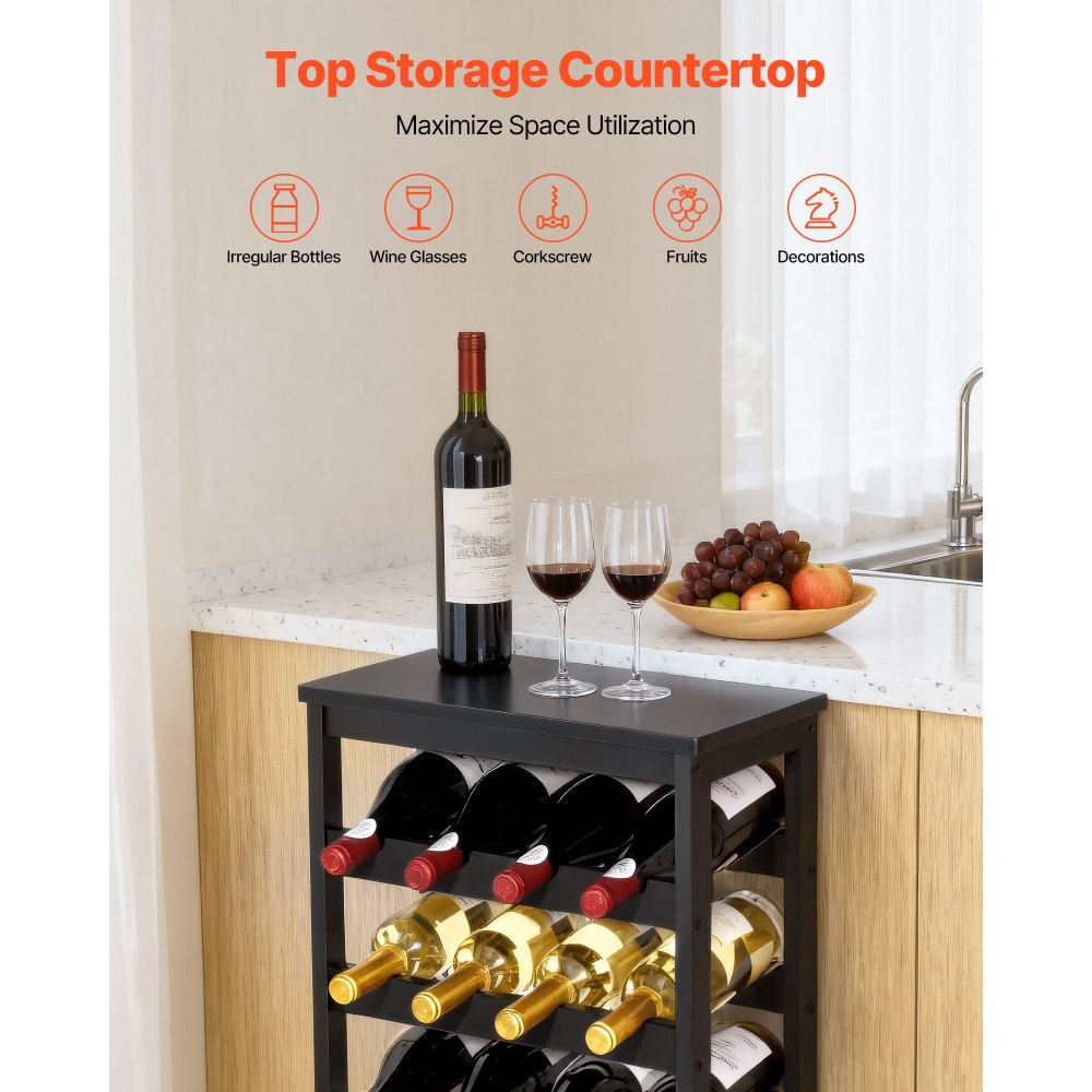 VEVOR 24 Bottle Detachable Wine Rack, 6-Tier Wine Bottle Holder, Freestanding Floor Display Wine Storage Shelves with Table Top, For Kitchen,Cellar,Bar,Dining Room,Living Room, Black