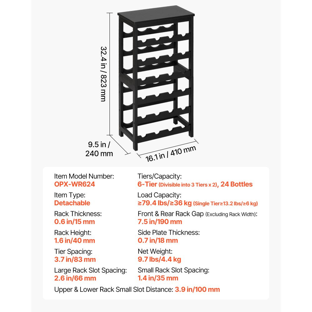 VEVOR 24 Bottle Detachable Wine Rack, 6-Tier Wine Bottle Holder, Freestanding Floor Display Wine Storage Shelves with Table Top, For Kitchen,Cellar,Bar,Dining Room,Living Room, Black