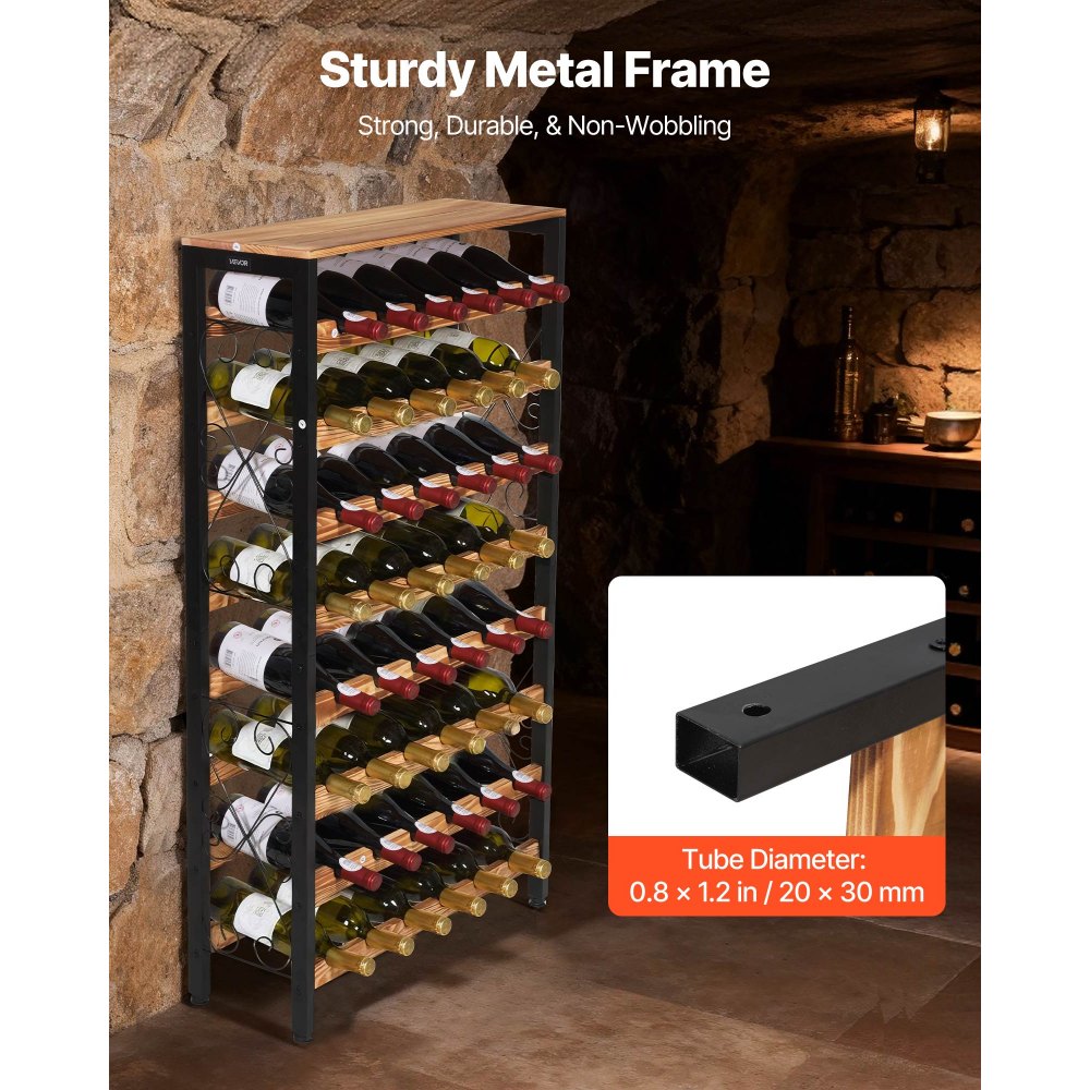 VEVOR 48 Bottle Wine Rack,8-Tier Wine Bottle Holder,Freestanding Floor Display Wine Storage Shelves with Wood Table Top,For Kitchen Pantry, Cellar, Bar, Dining Room, Living Room, Black