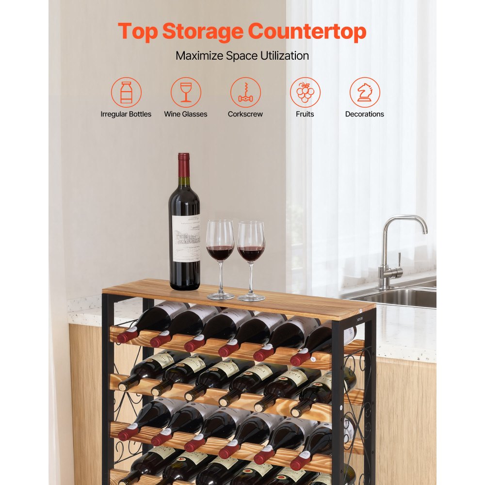 VEVOR 48 Bottle Wine Rack,8-Tier Wine Bottle Holder,Freestanding Floor Display Wine Storage Shelves with Wood Table Top,For Kitchen Pantry, Cellar, Bar, Dining Room, Living Room, Black
