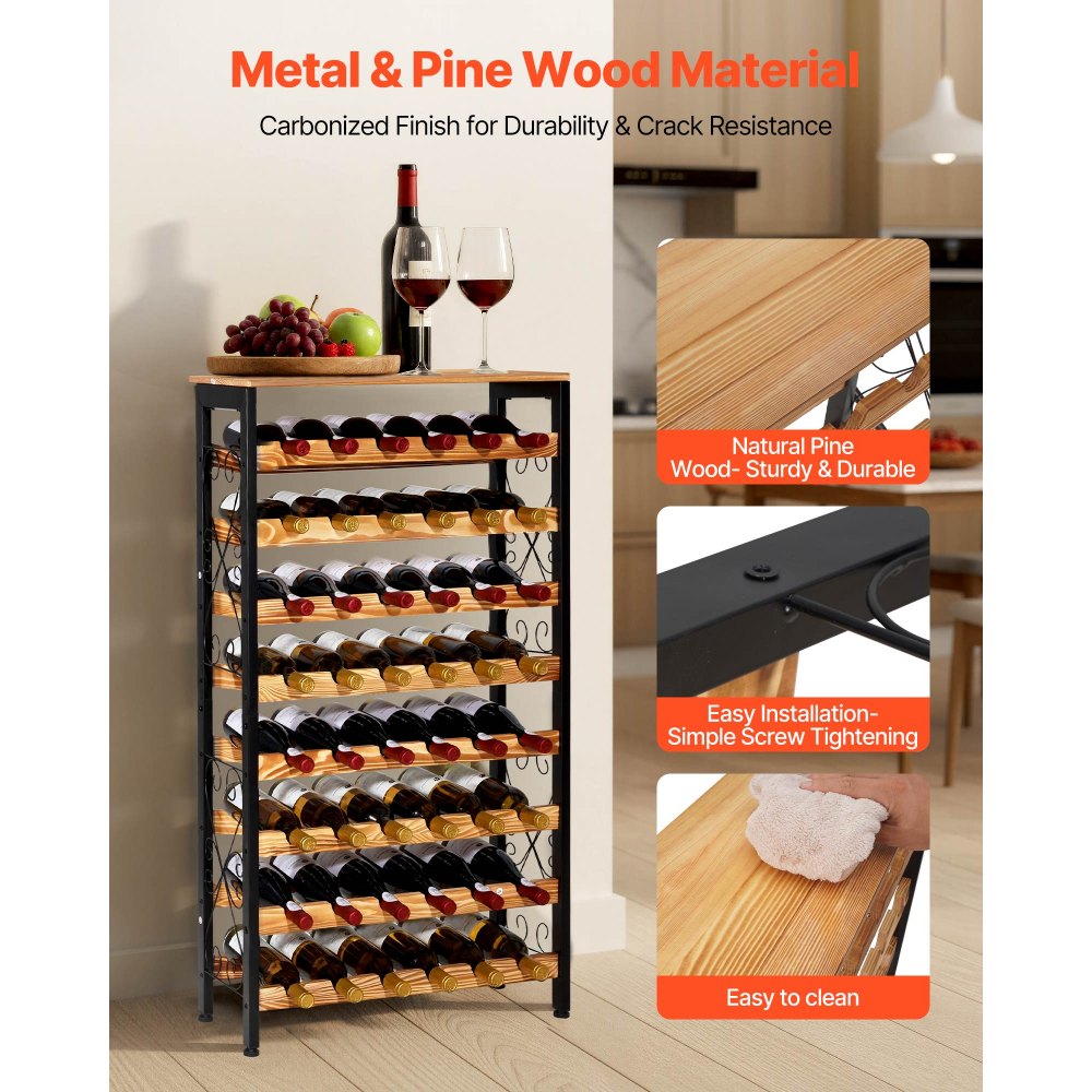 VEVOR 48 Bottle Wine Rack,8-Tier Wine Bottle Holder,Freestanding Floor Display Wine Storage Shelves with Wood Table Top,For Kitchen Pantry, Cellar, Bar, Dining Room, Living Room, Black
