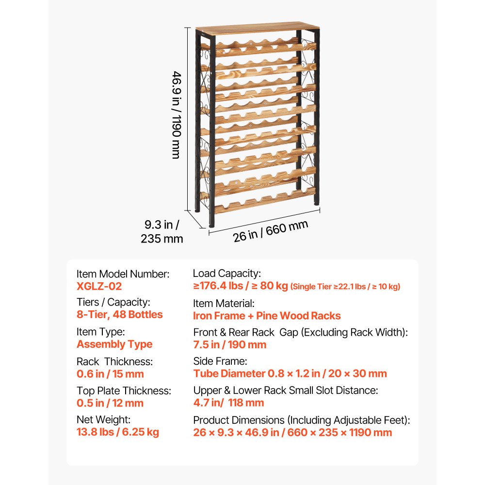 VEVOR 48 Bottle Wine Rack,8-Tier Wine Bottle Holder,Freestanding Floor Display Wine Storage Shelves with Wood Table Top,For Kitchen Pantry, Cellar, Bar, Dining Room, Living Room, Black
