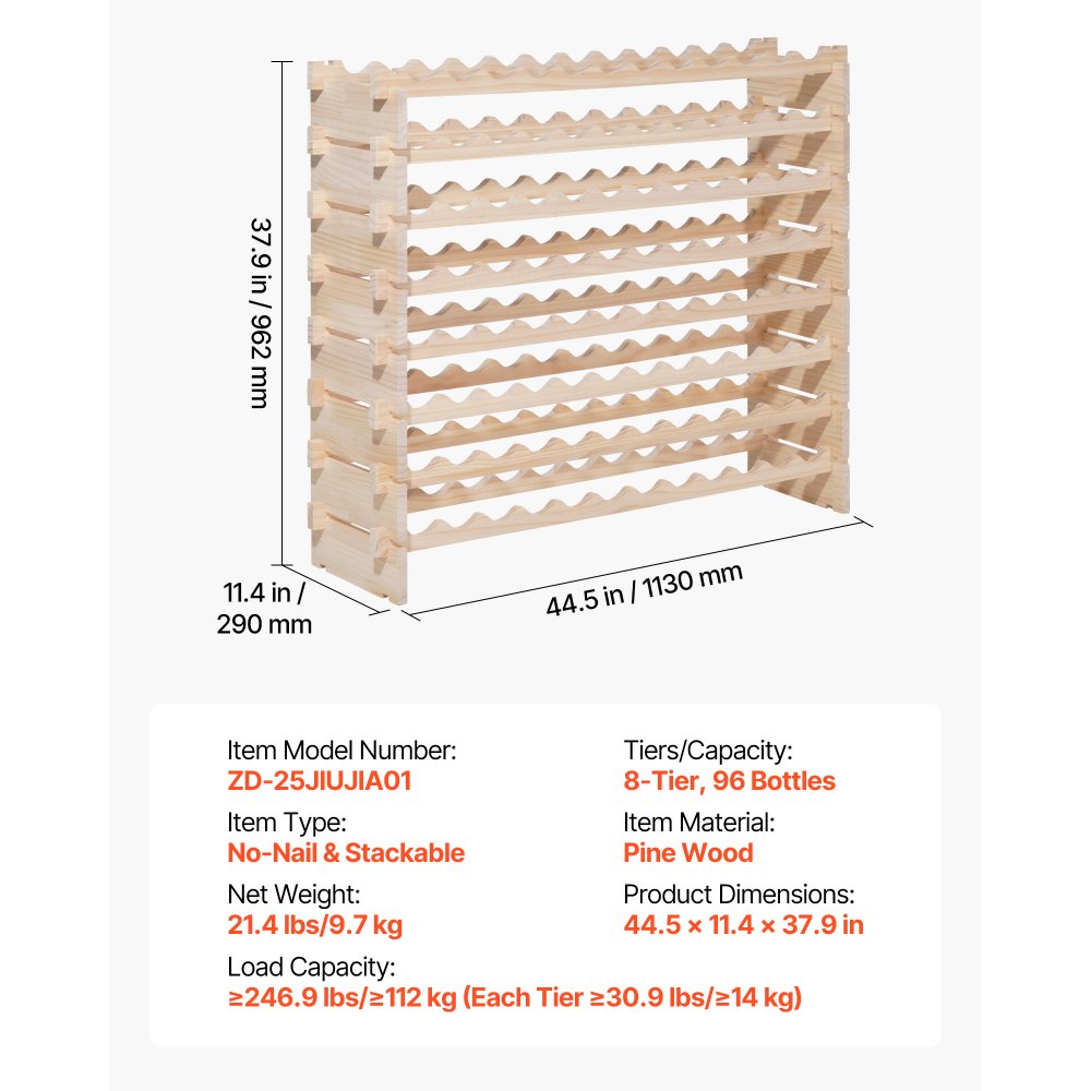 VEVOR 96 Bottle Stackable Modular Wine Rack, 8-Tier Wine Bottle Holder,Solid Wood Floor Freestanding Wine Storage Rack For Pinot Noir bottles,For Kitchen, Cellar, and Bar, Natural