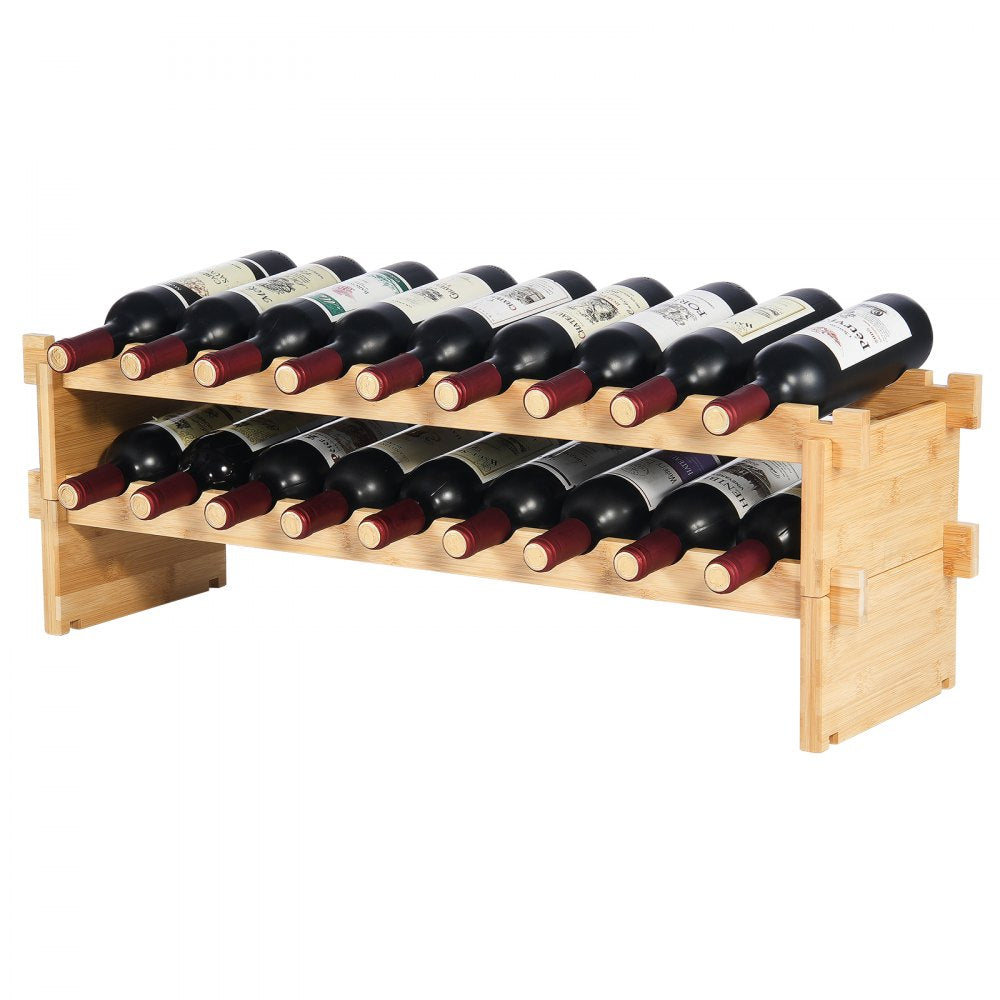 VEVOR 18 Bottle Stackable Modular Wine Rack, 2-Tier Solid Bamboo Wood Storage Racks, Floor Freestanding Wines Holder Display Shelf, Wobble-Free Shelves for Kitchen, Bar, and Cellar (Natural Color)