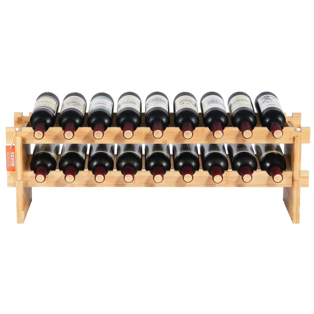 VEVOR 18 Bottle Stackable Modular Wine Rack, 2-Tier Solid Bamboo Wood Storage Racks, Floor Freestanding Wines Holder Display Shelf, Wobble-Free Shelves for Kitchen, Bar, and Cellar (Natural Color)