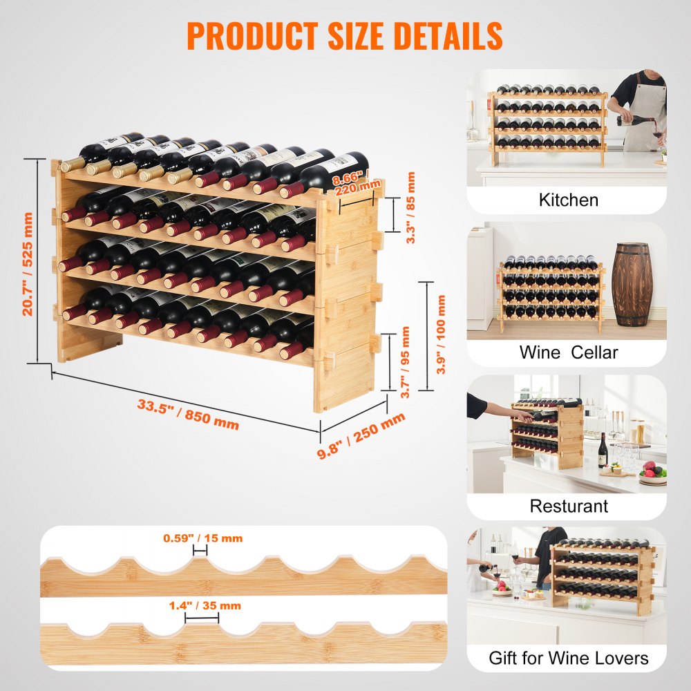 VEVOR 36 Bottle Stackable Modular Wine Rack, 4-Tier Solid Bamboo Wood Storage Racks, Floor Freestanding Wines Holder Display Shelf, Wobble-Free Shelves for Kitchen, Bar, and Cellar (Natural Color)
