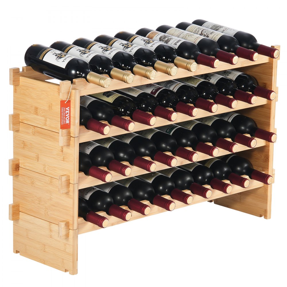 VEVOR 36 Bottle Stackable Modular Wine Rack, 4-Tier Solid Bamboo Wood Storage Racks, Floor Freestanding Wines Holder Display Shelf, Wobble-Free Shelves for Kitchen, Bar, and Cellar (Natural Color)