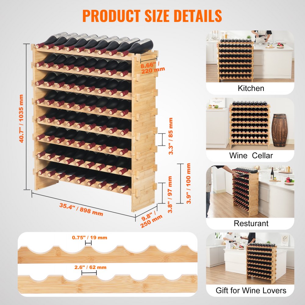 VEVOR 72 Bottle Upgrade Modular Wine Rack, Continuously Store Pinot Bottles, 8-Tier Bamboo Wood Storage Rack, Floor Freestanding Wines Holder Display Shelf, Wobble-Free Shelves for Kitchen Bar Cellar