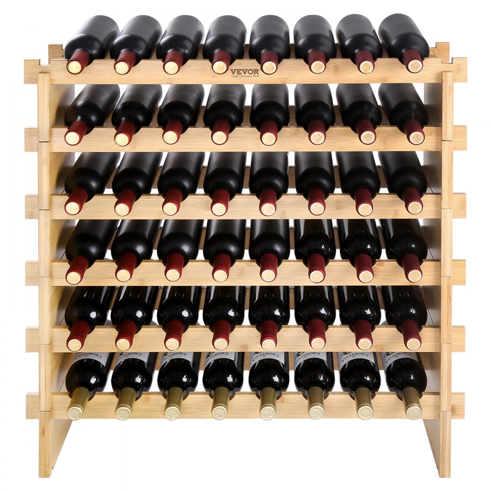VEVOR 48 Bottle Stackable Modular Wine Rack, 6-Tier Solid Bamboo Wood Storage Racks, Floor Freestanding Wines Holder Display Shelf, Wobble-Free Shelves for Kitchen, Bar, and Cellar (Natural Color)