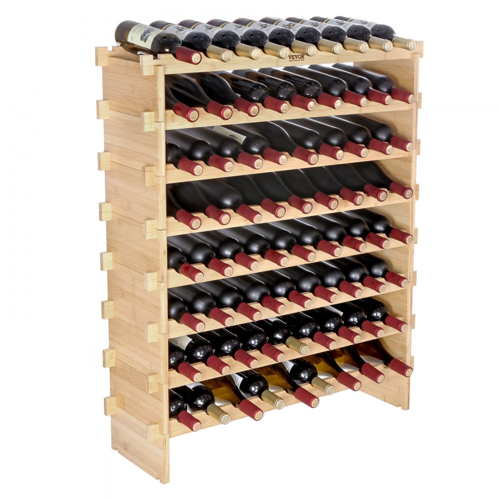 VEVOR 72 Bottle Stackable Modular Wine Rack, 8-Tier Solid Bamboo Wood Storage Racks, Floor Freestanding Wines Holder Display Shelf, Wobble-Free Shelves for Kitchen, Bar, and Cellar (Natural Color)