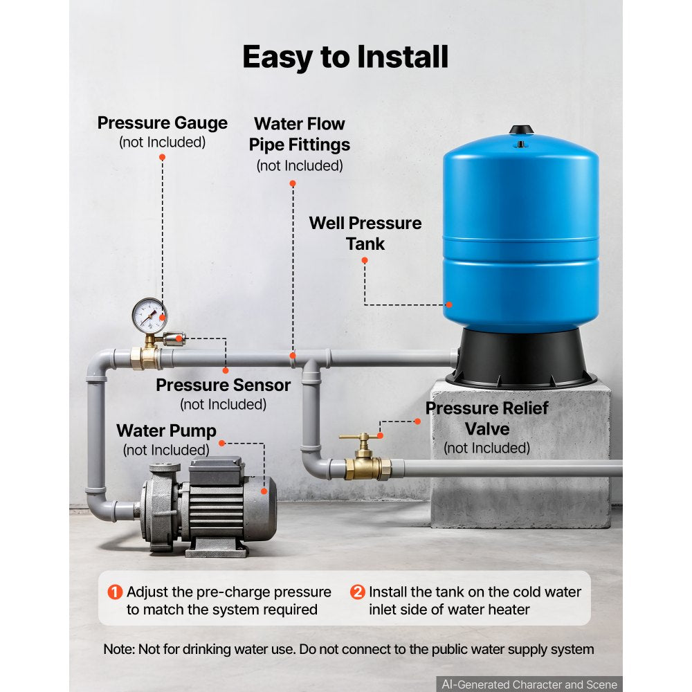 VEVOR 14-Gallon Vertical Well Pressure Tank, Pre-Charged Pressurized Water Tank for Well Pumps, Heavy-Duty Carbon Steel Water Storage Container for Home, School, Farm & Irrigation Systems