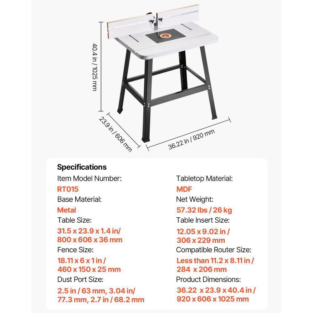 VEVOR Precision Router Table System, 31.5 in x 23.9 in, Routing Table Accessory Kit with Adjustable Fence, MDF Top, Sturdy Metal Base, Dust Collection Port, Compatible with Routes & Various Drill Bits