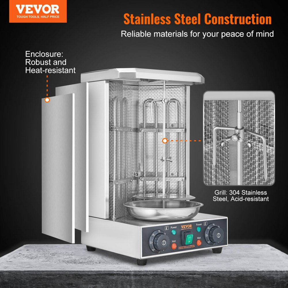 VEVOR Shawarma Grill Machine, 13lbs Capacity, Chicken Shawarma Cooker Machine with 2 Burners, 122℉-572℉ Electric Vertical Broiler Gyro Rotisserie Oven Doner Kebab Machine for Home/Commercial Use