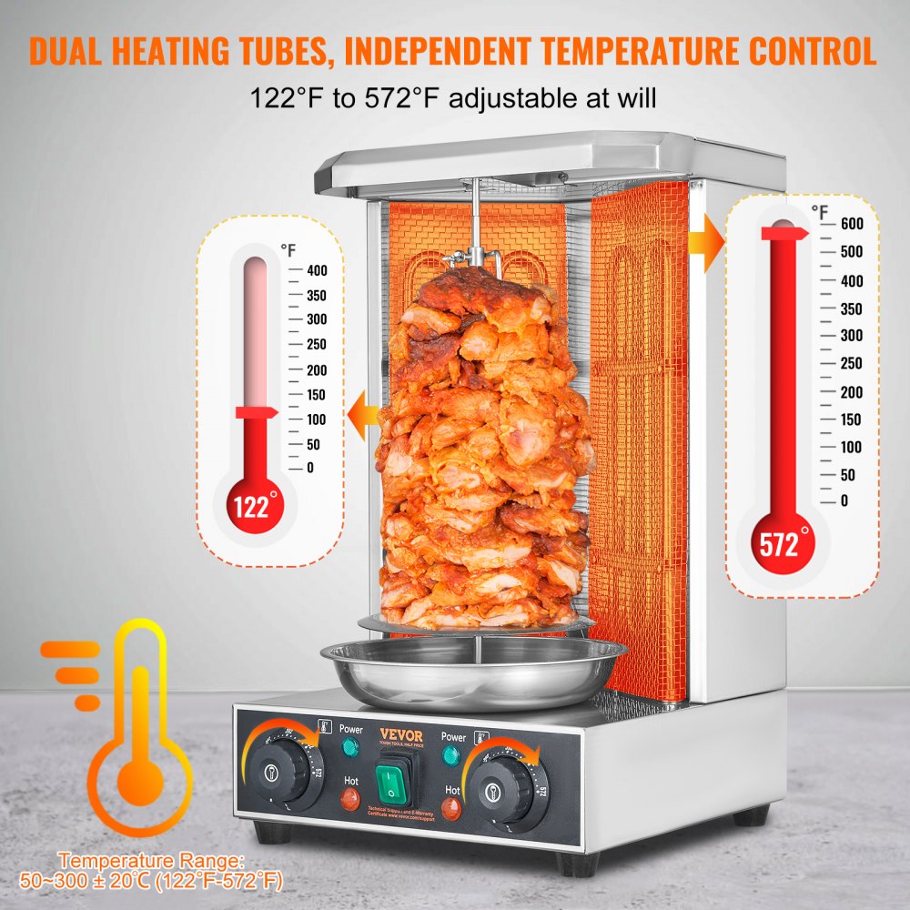 VEVOR Shawarma Grill Machine, 13lbs Capacity, Chicken Shawarma Cooker Machine with 2 Burners, 122℉-572℉ Electric Vertical Broiler Gyro Rotisserie Oven Doner Kebab Machine for Home/Commercial Use