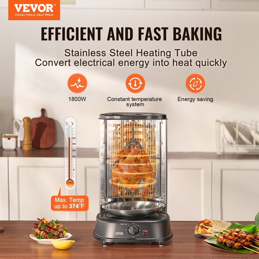 VEVOR Shawarma Grill Machine, Vertical Chicken Shawarma Cooker Machine Countertop, Electric Stainless Steel Broiler Gyro Rotisserie Oven Doner Kebab Machine, for Home Restaurant Kitchen Parties