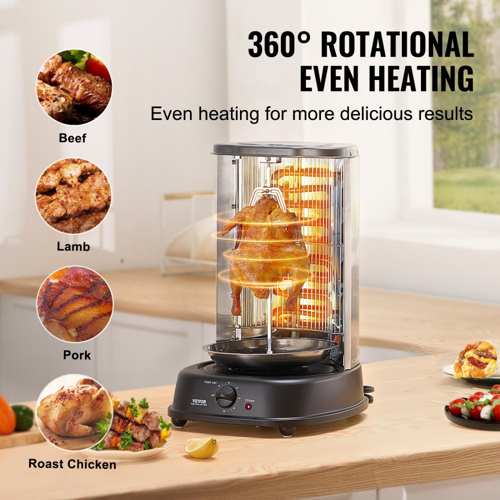 VEVOR Shawarma Grill Machine, Vertical Chicken Shawarma Cooker Machine Countertop, Electric Stainless Steel Broiler Gyro Rotisserie Oven Doner Kebab Machine, for Home Restaurant Kitchen Parties
