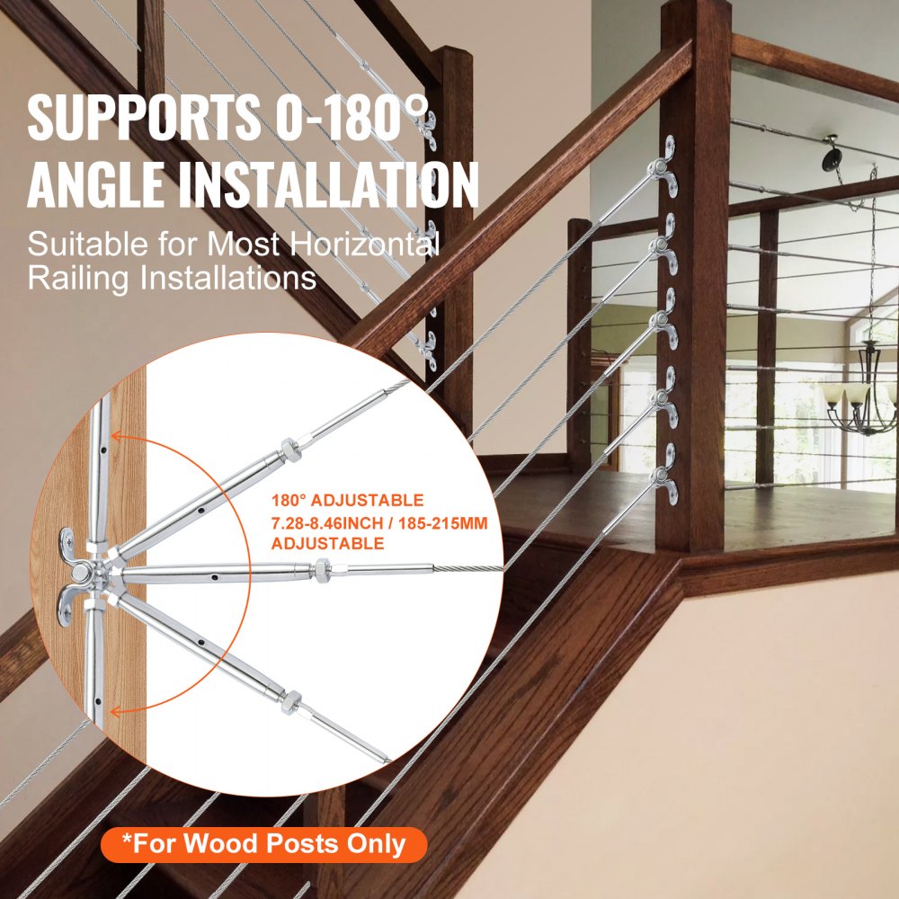 VEVOR T316 Stainless Steel Adjustable Angle 1/8" Cable Railing Kit/Hardware for Wood Post，Marine Grade for 1/8"Wire Rope,0-180-Degree Angle & Easy Installation, Silver (20 Pack)