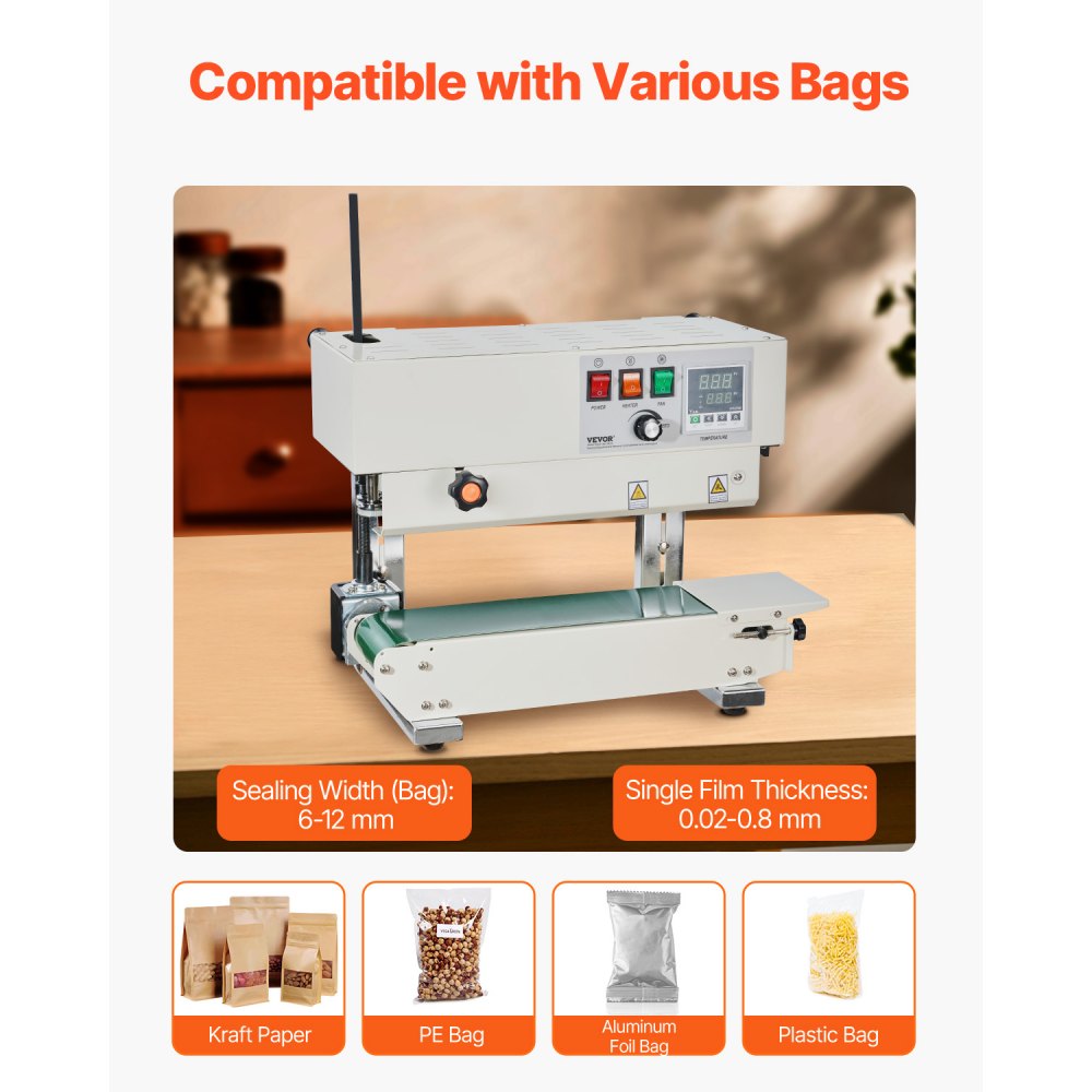 VEVOR Continuous Bag Band Sealing Machine, 0.24-0.47 in/6-12 mm Seal Width, Vertical Band Sealer Machine with Digital Temperature Control, Carbon Steel Bag Sealer for 0.02-0.8 mm Plastic Bags Films