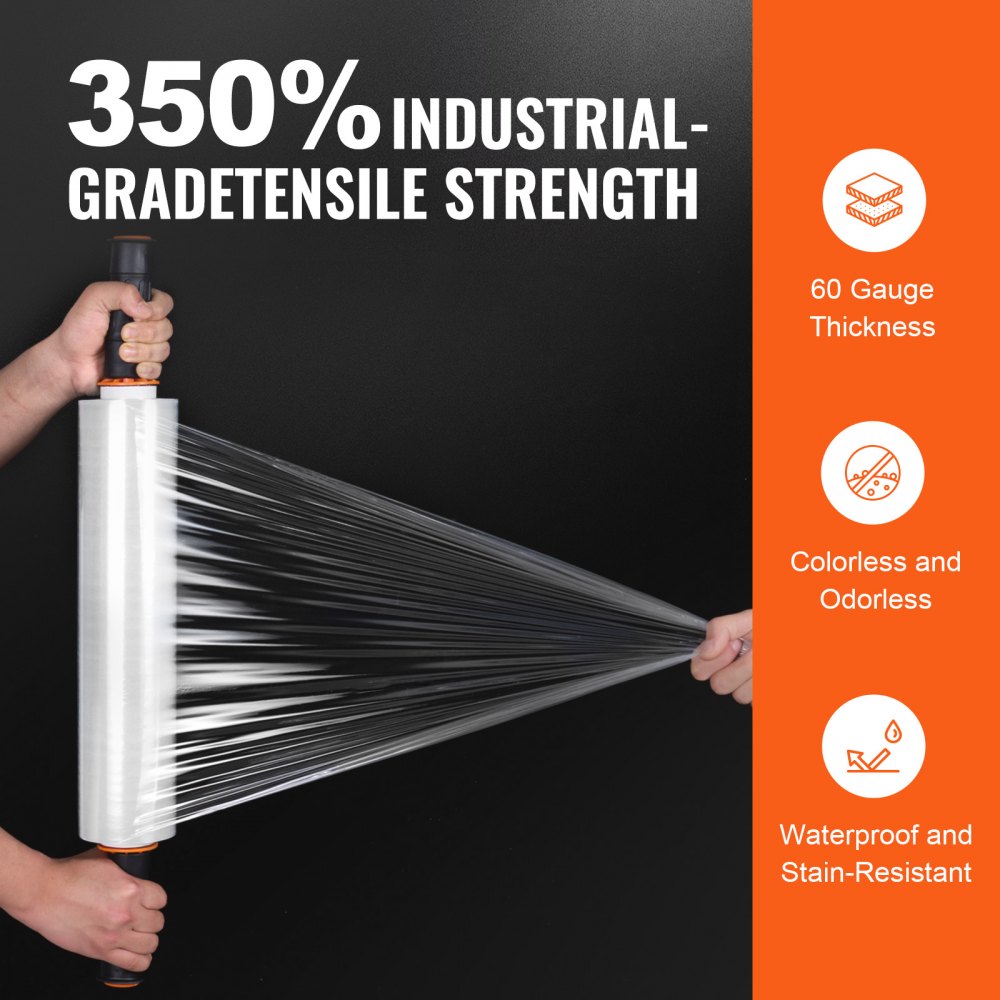 VEVOR Stretch Film, 15 inches x 1000 feet, 3 Pack, 60 Gauge Industrial Strength Clear Durable Stretch Wrap Roll, Heavy Duty Shrink Film Stretch Wrap with Handles for Pallet Wrapping Shipping Moving