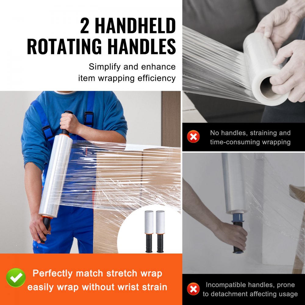 VEVOR Stretch Film, 15 inches x 1000 feet, 3 Pack, 60 Gauge Industrial Strength Clear Durable Stretch Wrap Roll, Heavy Duty Shrink Film Stretch Wrap with Handles for Pallet Wrapping Shipping Moving