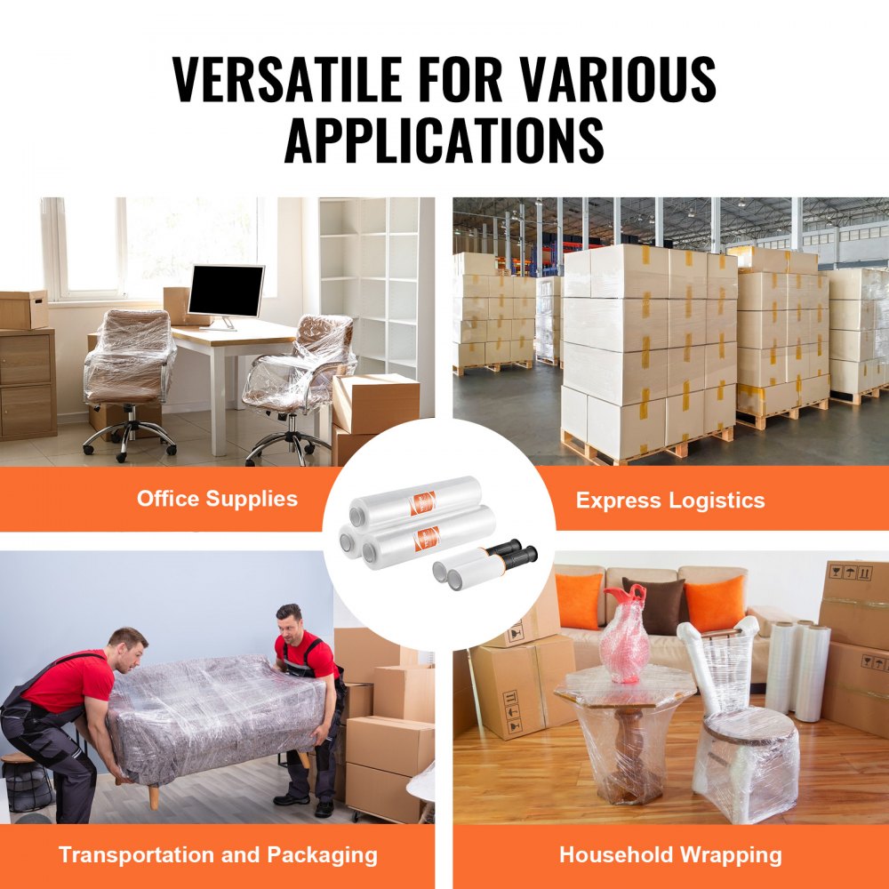 VEVOR Stretch Film, 15 inches x 1000 feet, 3 Pack, 60 Gauge Industrial Strength Clear Durable Stretch Wrap Roll, Heavy Duty Shrink Film Stretch Wrap with Handles for Pallet Wrapping Shipping Moving