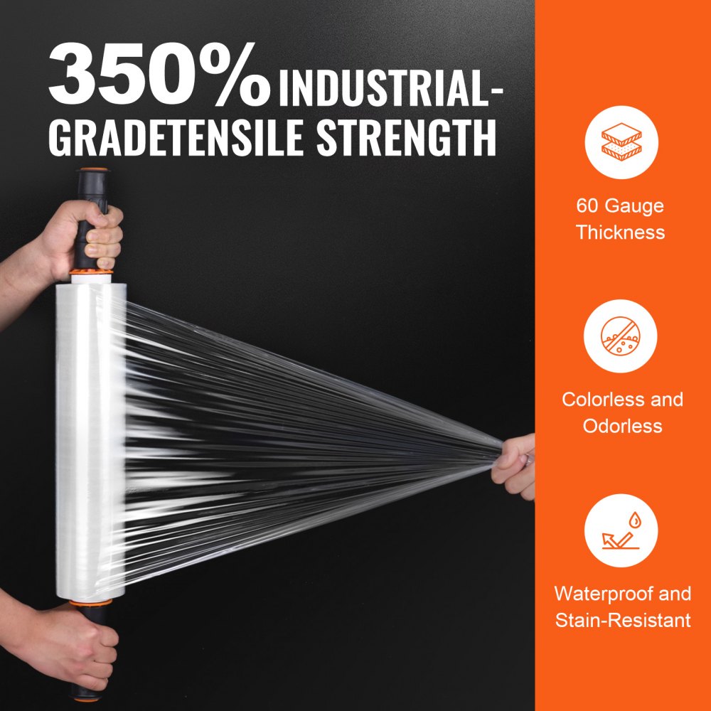 VEVOR Stretch Film, 15 inches x 1000 feet, 2 Pack, 60 Gauge Industrial Strength Clear Durable Stretch Wrap Roll, Heavy Duty Shrink Film Stretch Wrap with Handles for Pallet Wrapping Shipping Moving