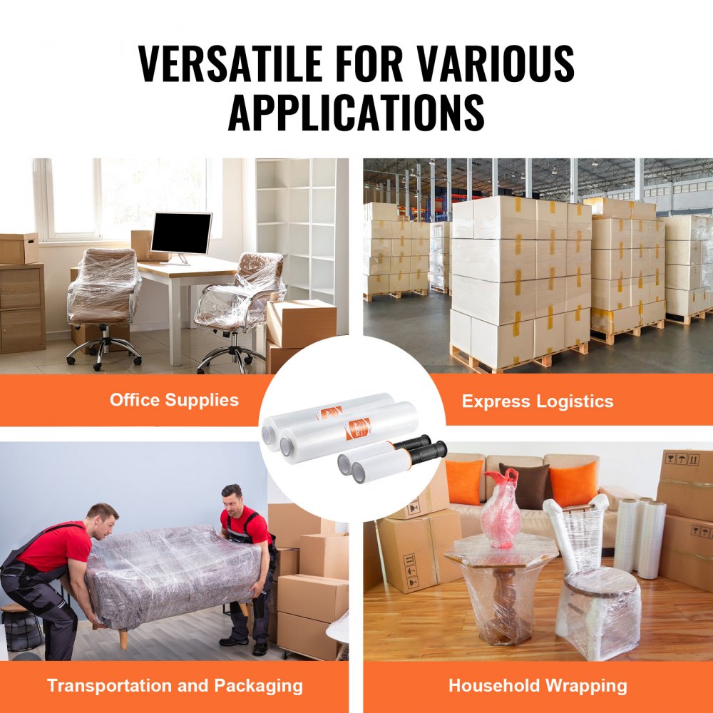 VEVOR Stretch Film, 15 inches x 1000 feet, 2 Pack, 60 Gauge Industrial Strength Clear Durable Stretch Wrap Roll, Heavy Duty Shrink Film Stretch Wrap with Handles for Pallet Wrapping Shipping Moving