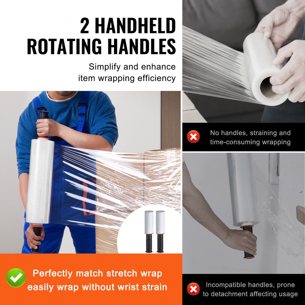VEVOR Stretch Film, 15 inches x 1200 feet, 2 Pack, 80 Gauge Industrial Strength Clear Durable Stretch Wrap Roll, Heavy Duty Shrink Film Stretch Wrap with Handles for Pallet Wrapping Shipping Moving